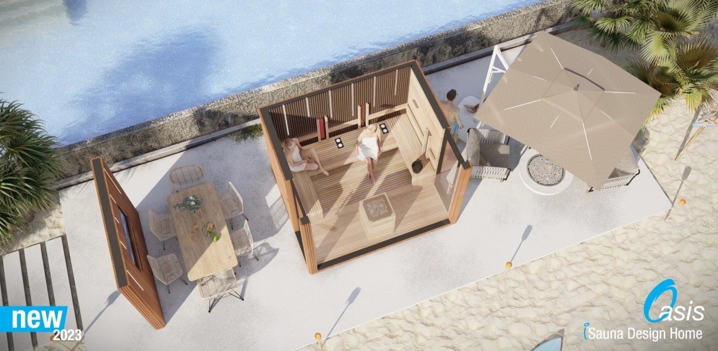 Aussensauna mit Vordach und TV-Wand