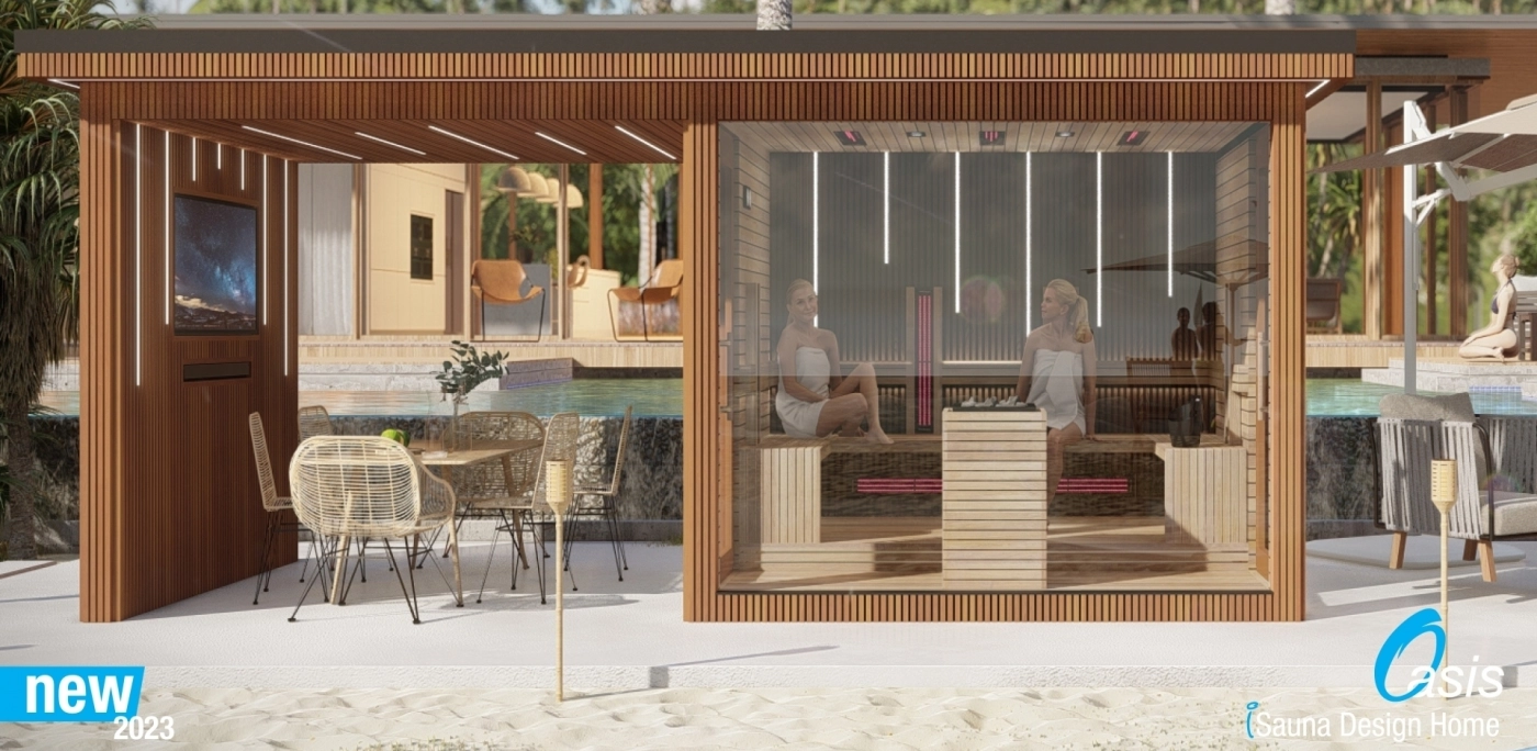 Aussensauna mit Vordach und TV-Wand