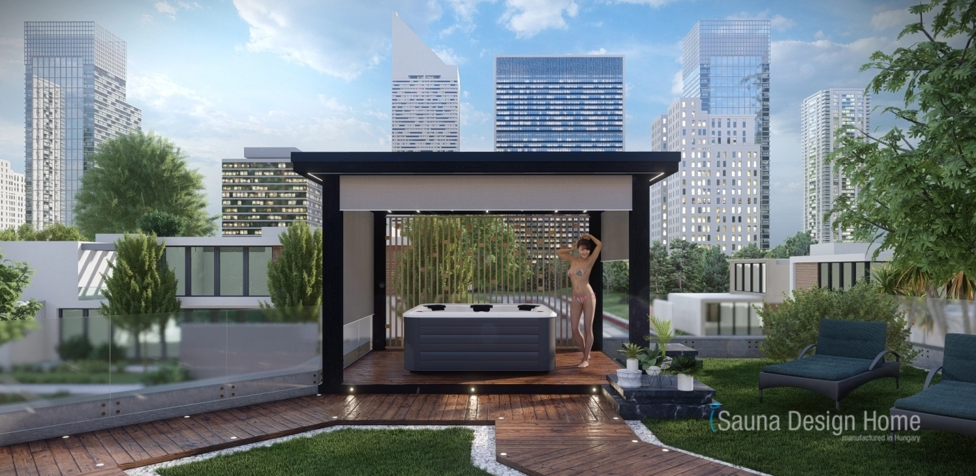 Pergola mit zipSCREEN Sonnenschutz in 'Black Angel' Farbe.