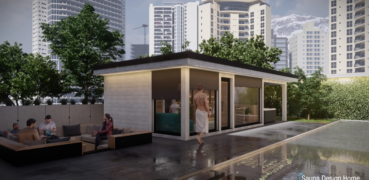 Helles Saunahaus auf Terrasse