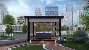 Pergola mit zipSCREEN Sonnenschutz in 'Black Angel' Farbe.