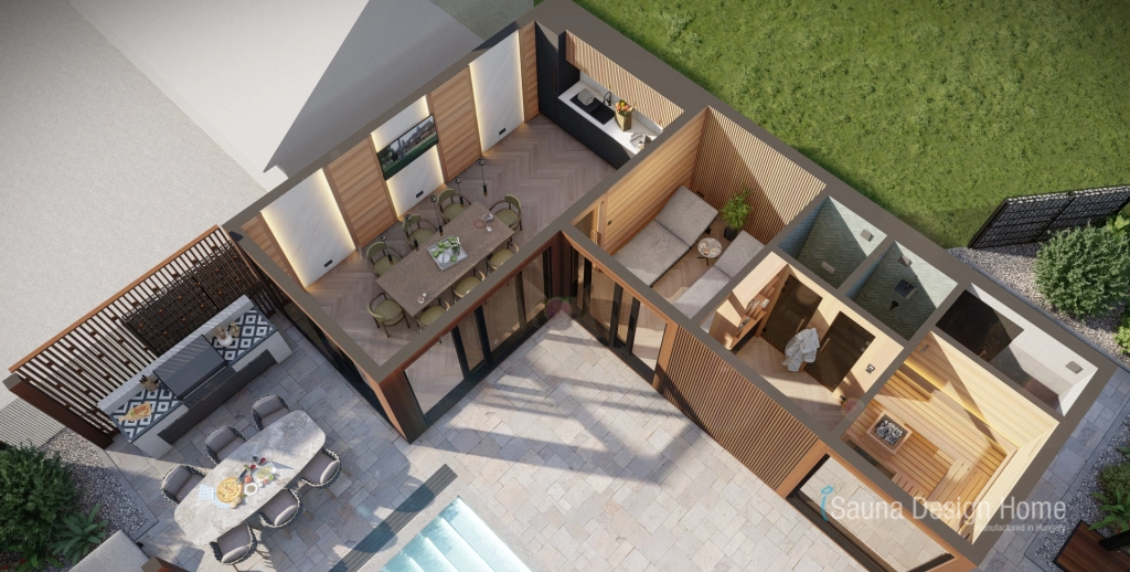 Perspektivische Draufsicht des Außen-Saunahauses