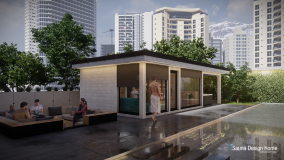 Helles Saunahaus auf Terrasse