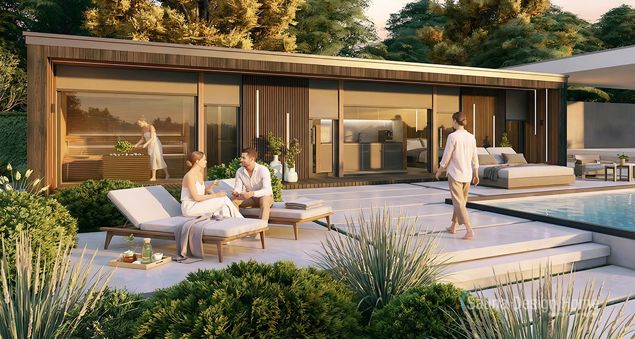 Winterlicher Wellness Rückzugsort mit Außenruhebereich